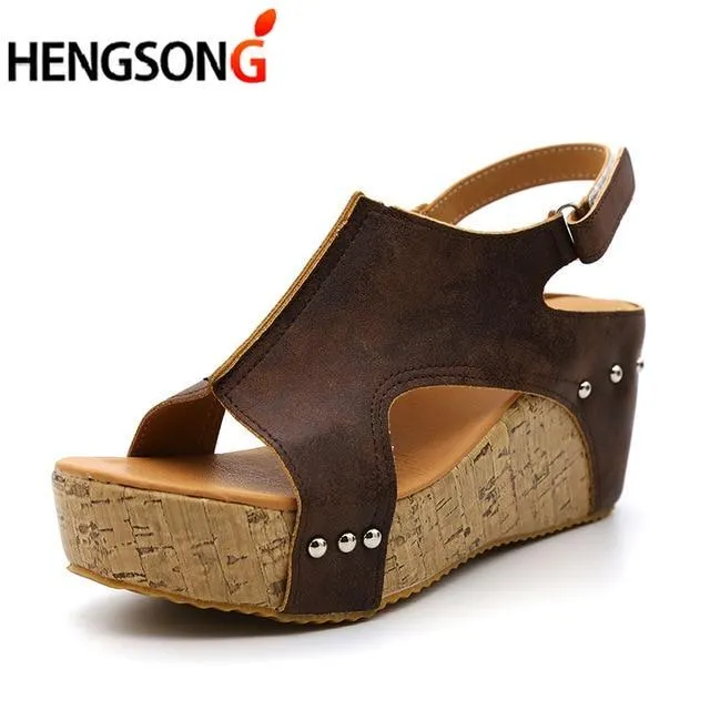 Open Toe Women Sandals Vintage Retro Leather Wedges Shoes